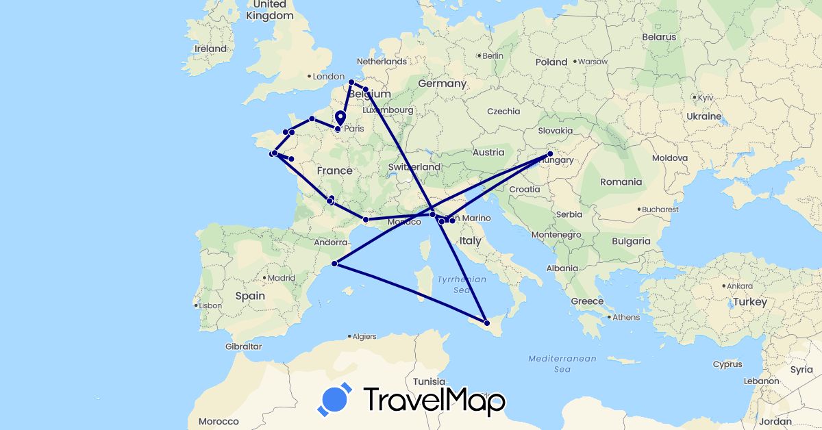 TravelMap itinerary: driving in Belgium, Spain, France, Hungary, Italy (Europe)