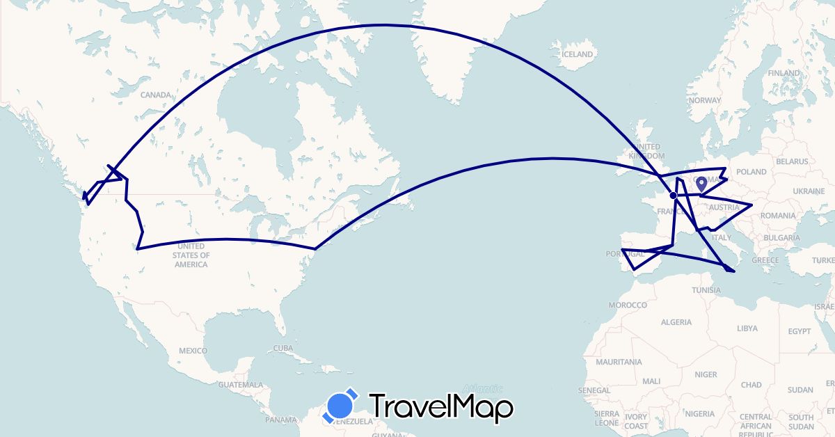 TravelMap itinerary: driving in Belgium, Canada, Germany, Spain, France, United Kingdom, Hungary, Italy, Monaco, Portugal, United States (Europe, North America)